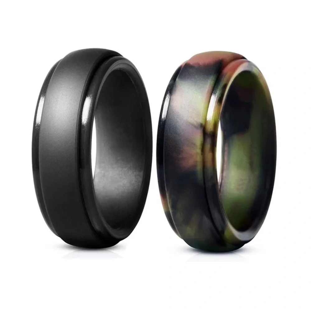 REI Black Silver Silicone Active Wear Rubber Ribbed Rim Ring